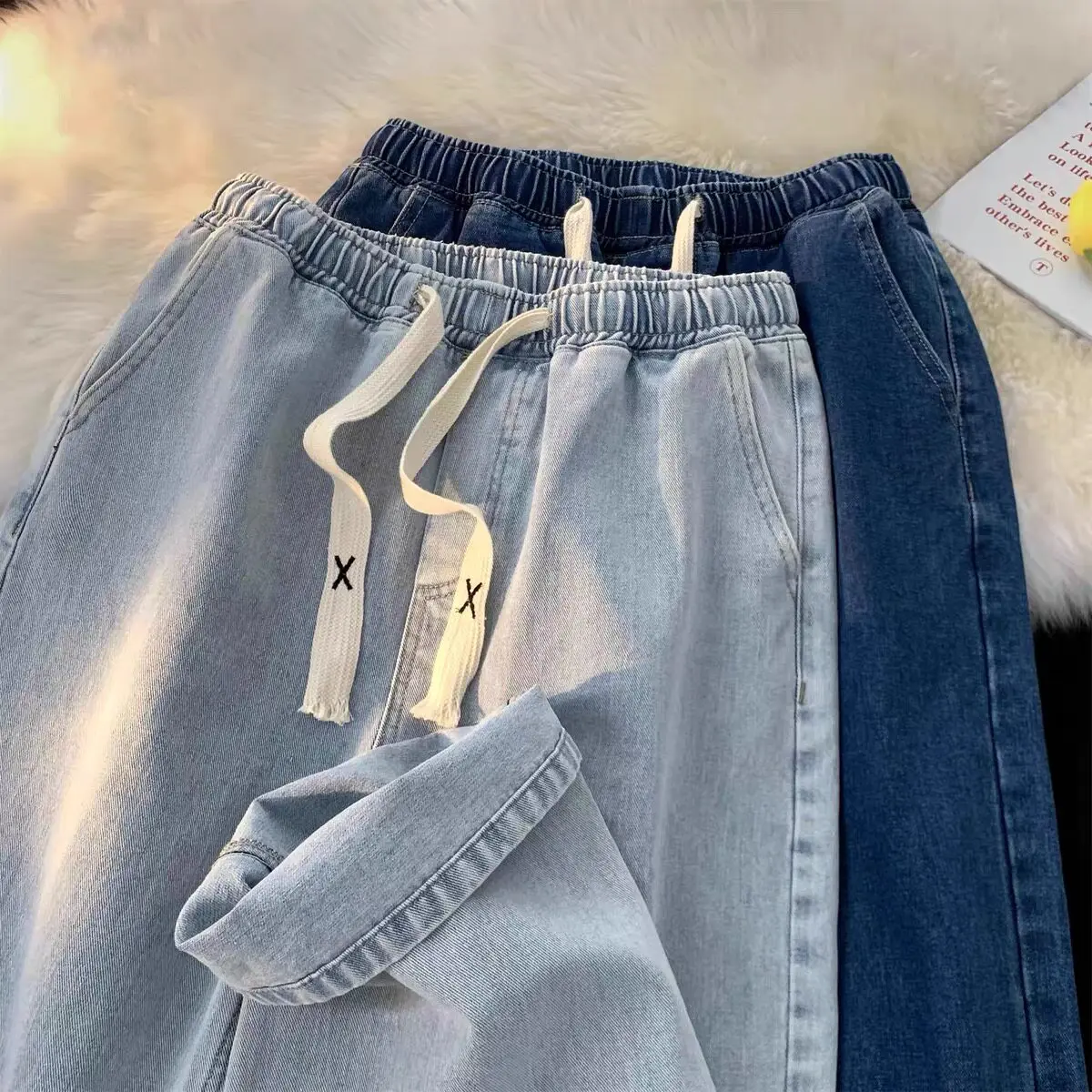 Light Wash Elastic Waist Wide Leg Jeans Women's Summer Drawstring Thin Straight Loose Slimming Nine Point Pants Casual Cotton
Light Wash Elastic Waist Wide Leg Jeans Women's Summer Drawstring Thin Straight Loose Slimming Nine Point Pants Casual Cotton