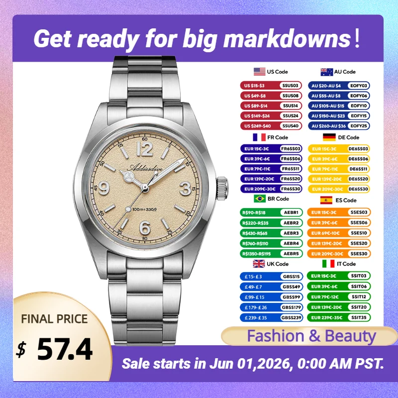 ADDIESDIVE Watch 36mm Watch For Women Brand Bubble Glass 100m Waterproof Luminous Fashion Quartz Watch 316L Stainless Steel
ADDIESDIVE Watch 36mm Watch For Women Brand Bubble Glass 100m Waterproof Luminous Fashion Quartz Watch 316L Stainless Steel