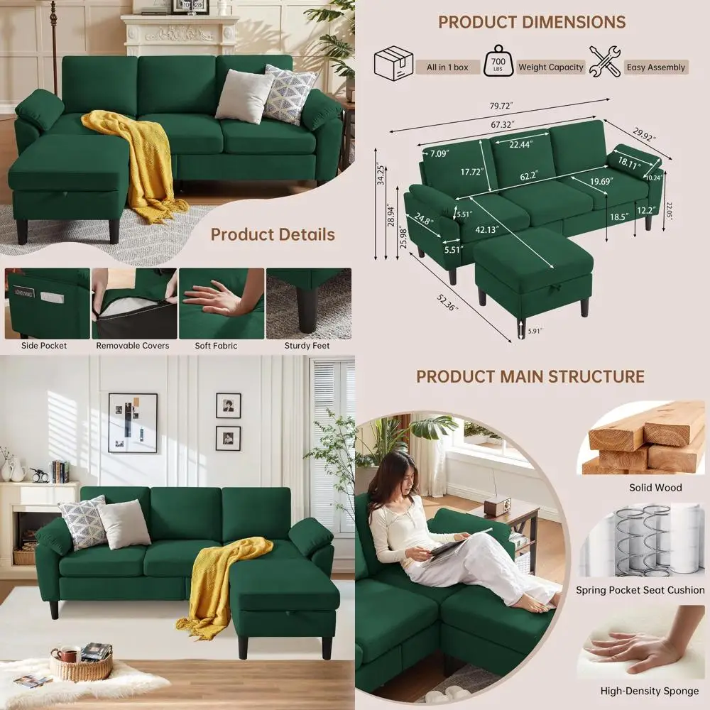 80 L-Shaped 3-Seater Couch with Storage Ottoman, Polyester Comfort, Ideal for Small Spaces, Green
80 L-Shaped 3-Seater Couch with Storage Ottoman, Polyester Comfort, Ideal for Small Spaces, Green