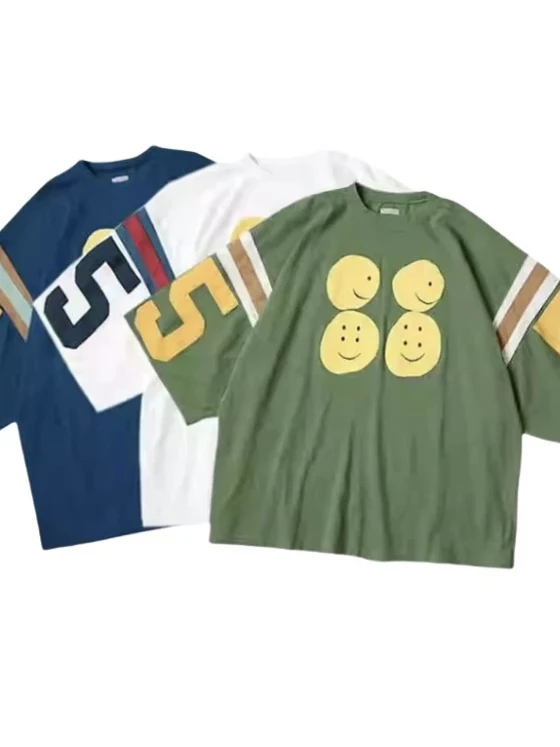 Kapital 22SS Japanese Sle Tee-Color Wax Dye Patchwork Letter Face Five-Quarter Sve Loose ort Sve T-irt
Kapital 22SS Japanese Sle Tee-Color Wax Dye Patchwork Letter Face Five-Quarter Sve Loose ort Sve T-irt