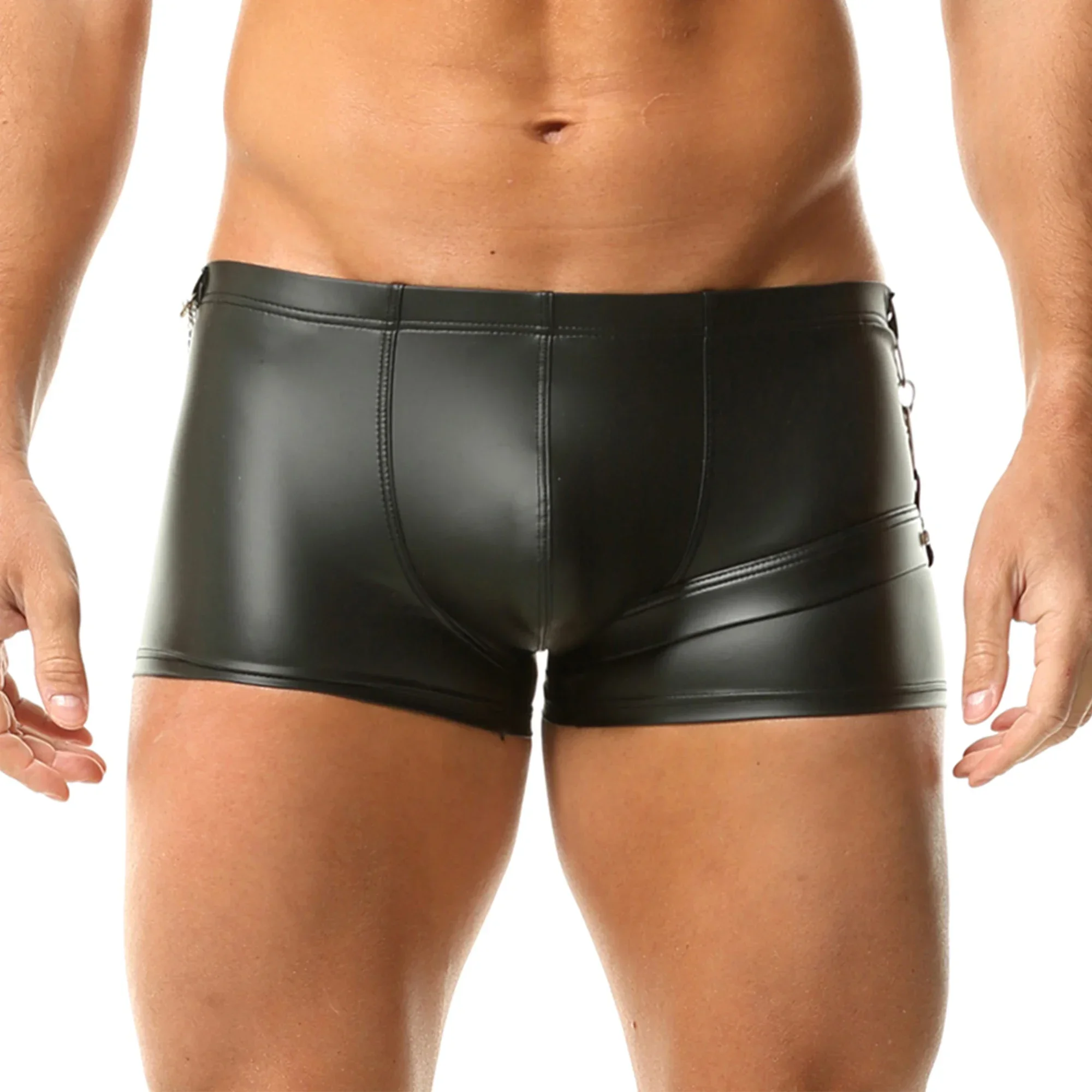 Men's Sexy Collar Chain Solid Color Trunks Gay Male Erotic Underpants Faux Leather Low Waist Tight Shorts U Convex Pouch Boxers
Men's Sexy Collar Chain Solid Color Trunks Gay Male Erotic Underpants Faux Leather Low Waist Tight Shorts U Convex Pouch Boxers