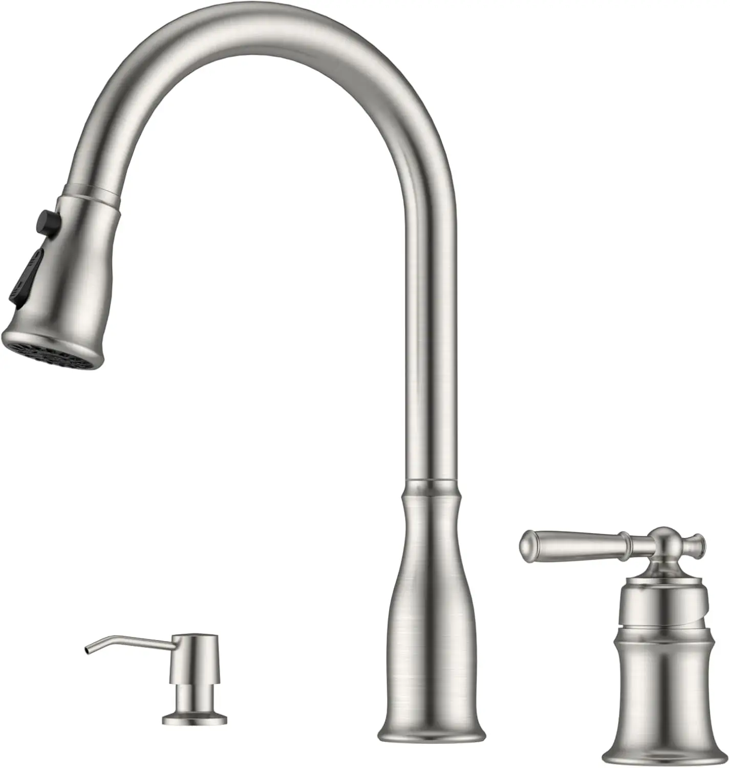 3-Hole Kitchen Sink Faucet with Pull-Down Sprayer and Soap Dispenser, Brushed Nickel Finish, High Arc Design
3-Hole Kitchen Sink Faucet with Pull-Down Sprayer and Soap Dispenser, Brushed Nickel Finish, High Arc Design