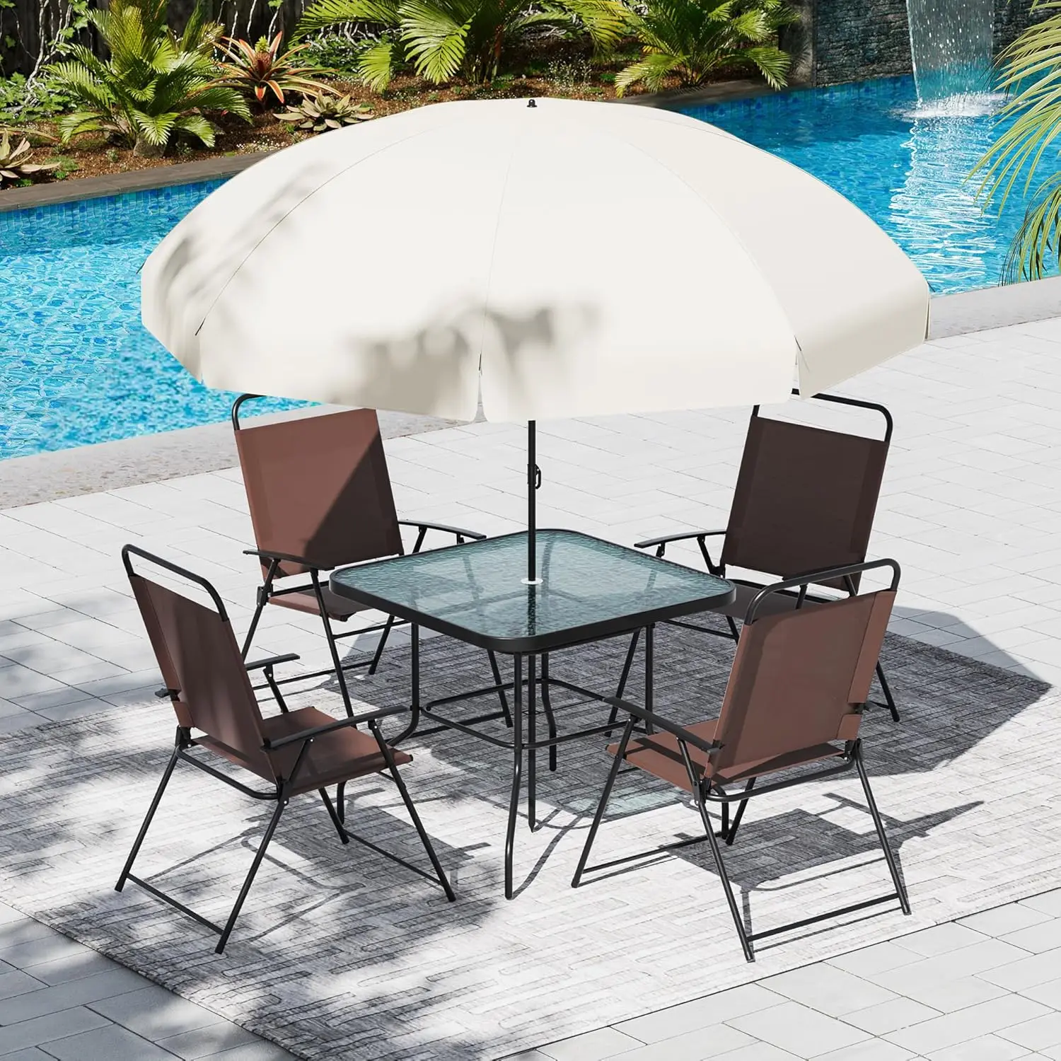 Patio Dining Set for 4, Outdoor Table and Chairs with Umbrella, 4 Folding Dining Chairs & Glass Table for Lawn, Deck, Garden
Patio Dining Set for 4, Outdoor Table and Chairs with Umbrella, 4 Folding Dining Chairs & Glass Table for Lawn, Deck, Garden