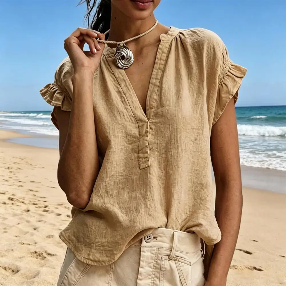 2026 V-neck Button Ruffled Stitching Shirt Women Shirt V Neck Short Sleeve Color Loose Fit Pullover Tops Women Blouse
2026 V-neck Button Ruffled Stitching Shirt Women Shirt V Neck Short Sleeve Color Loose Fit Pullover Tops Women Blouse