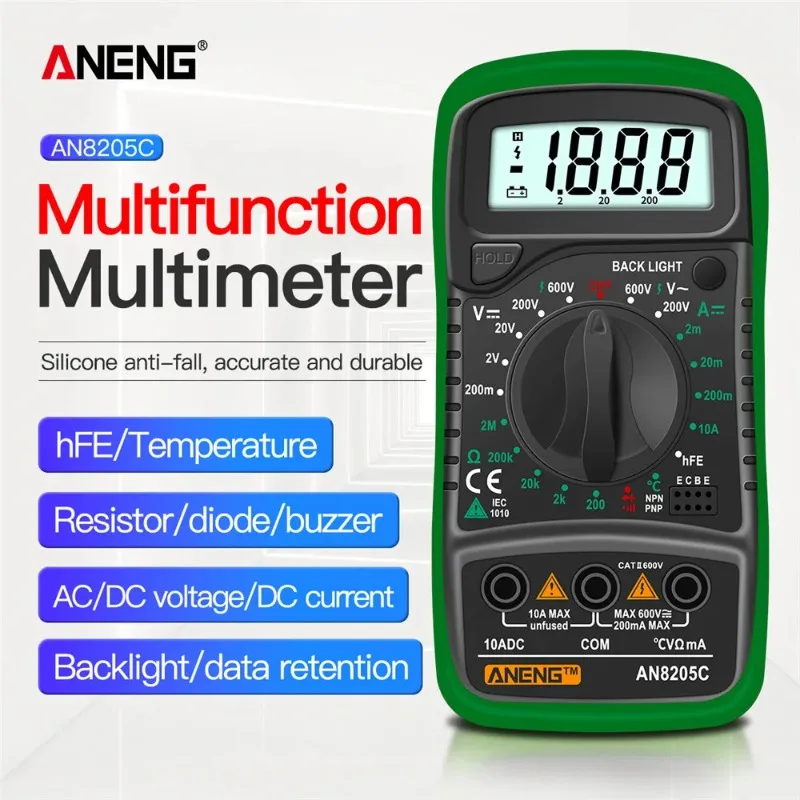 ANENG AN8205C Digital Multimeter AC/DC Ammeter Volt Ohm Tester Meter Multimetro with Thermocouple LCD Backlight Portable
ANENG AN8205C Digital Multimeter AC/DC Ammeter Volt Ohm Tester Meter Multimetro with Thermocouple LCD Backlight Portable