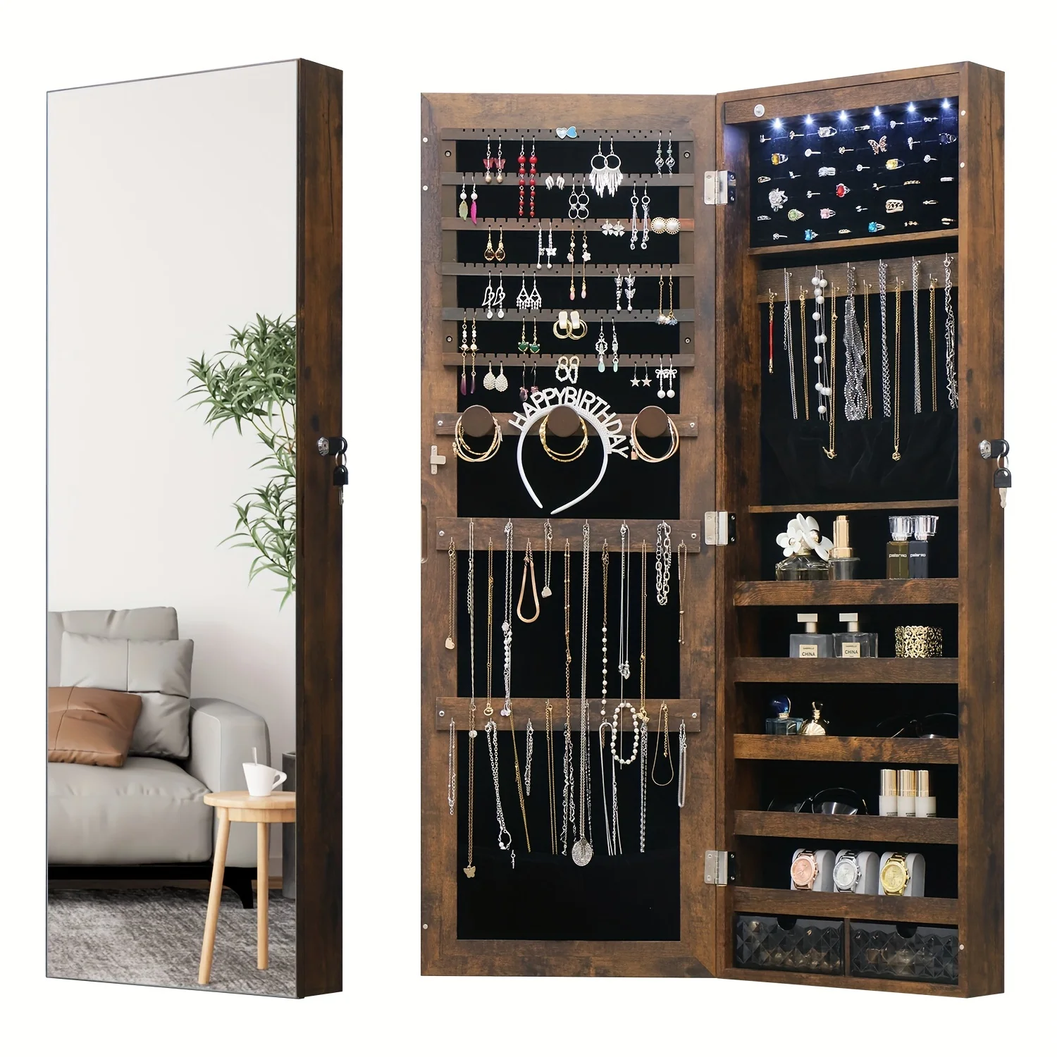 47.2" LED Lighted Jewelry Cabinet Armoire Wall Mounted Organizer with Lockable Full-Length Mirror Jewelry Cabinet Storage Over T
47.2" LED Lighted Jewelry Cabinet Armoire Wall Mounted Organizer with Lockable Full-Length Mirror Jewelry Cabinet Storage Over T