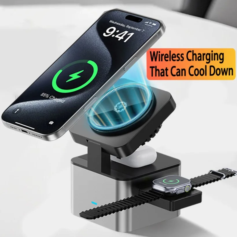 Магнитная подставка для беспроводного зарядного устройства Ice Cooling 3 в 1, вентилятор радиатора, станция быстрой зарядки для iPhone 16-12, для iWatch, AirPods
Магнитная подставка для беспроводного зарядного устройства Ice Cooling 3 в 1, вентилятор радиатора, станция быстрой зарядки для iPhone 16-12, для iWatch, AirPods