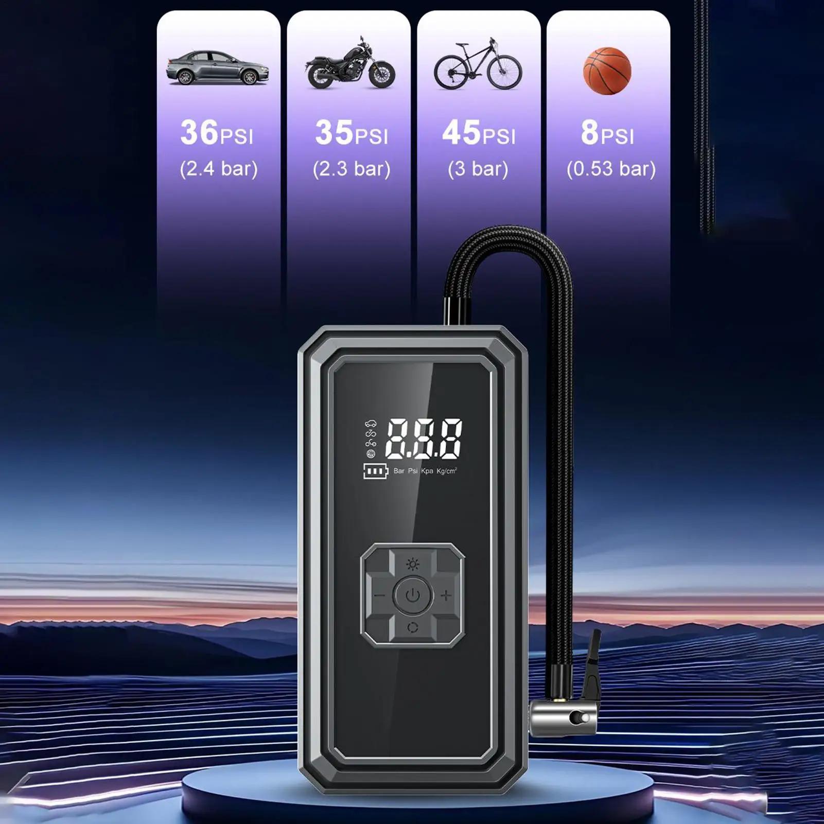 Накачка шин, небольшой цифровой дисплей, портативный насос для шин, воздушный компрессор для автомобиля, мотоцикла, седана, авто надувные лодки на открытом воздухе
Накачка шин, небольшой цифровой дисплей, портативный насос для шин, воздушный компрессор для автомобиля, мотоцикла, седана, авто надувные лодки на открытом воздухе