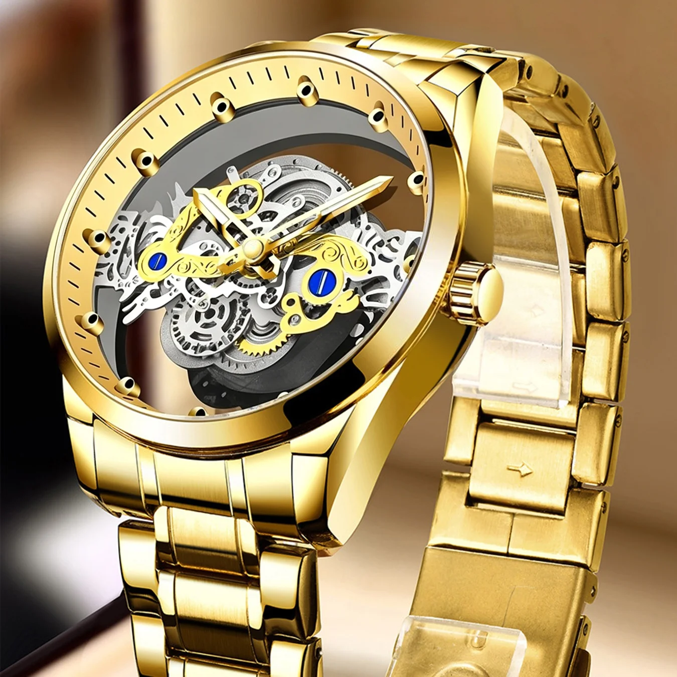 Luxurious All-Gold Men's Skeleton Quartz Watch, Panoramic Transparent Skeleton Dial with a Mechanical Feel, Gorgeous Gold Stainless Steel Band, Light Luxury High-End Business Men's Wristwatch, Waterproof and Shock-Resistant with Precise Timekeeping, Versa
Luxurious All-Gold Men's Skeleton Quartz Watch, Panoramic Transparent Skeleton Dial with a Mechanical Feel, Gorgeous Gold Stainless Steel Band, Light Luxury High-End Business Men's Wristwatch, Waterproof and Shock-Resistant with Precise Timekeeping, Versa