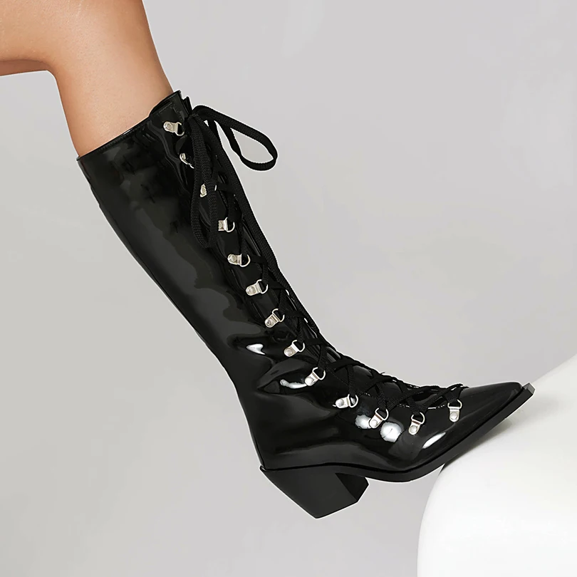 Plus Size Shiny Patent Leather Conical Wood Grain Thick Heel Pointed Cross Tie Punk Style Knee High Boots Plush Inner Boots
Plus Size Shiny Patent Leather Conical Wood Grain Thick Heel Pointed Cross Tie Punk Style Knee High Boots Plush Inner Boots