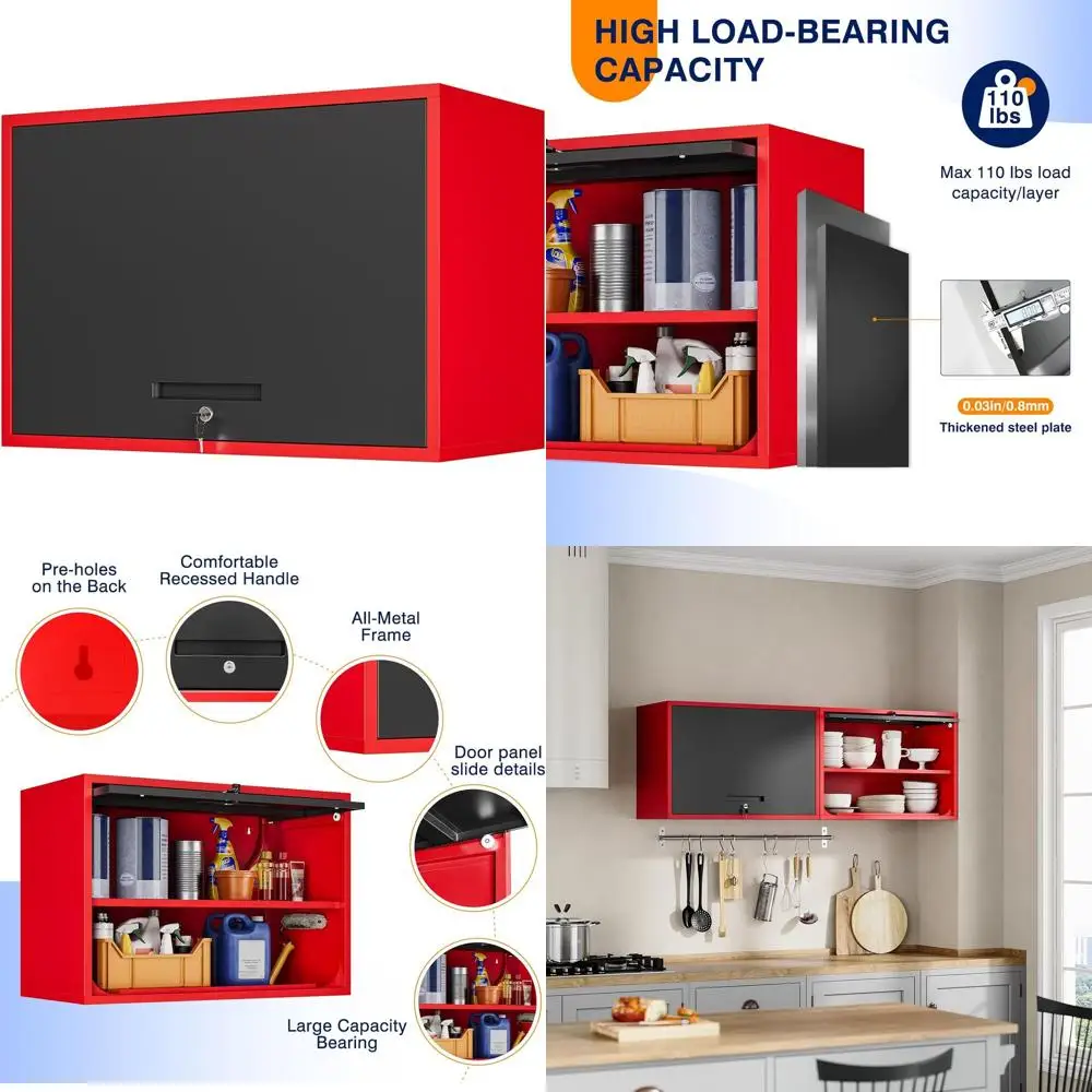Red and Black Metal Garage Wall Cabinet with Doors and Shelves, Wall-Mounted Storage for Tools, Ideal for Garage, Basement, Kitc
Red and Black Metal Garage Wall Cabinet with Doors and Shelves, Wall-Mounted Storage for Tools, Ideal for Garage, Basement, Kitc
