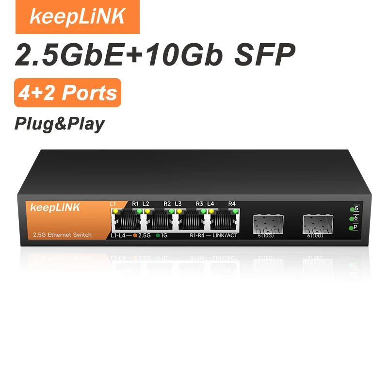 KeepLiNK 6-Port Multi-Gig Unmanaged Ethernet Network with 4x2.5Gb Port and 2x10Gb SFP+ For Uplink
KeepLiNK 6-Port Multi-Gig Unmanaged Ethernet Network with 4x2.5Gb Port and 2x10Gb SFP+ For Uplink