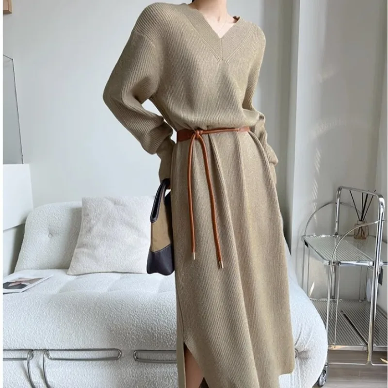 Корейский повседневный свободный однотонный вязаный свитер с v-образным вырезом и длинными рукавами, платья осень-зима, женское платье, новое базовое внутреннее платье с разрезом
Корейский повседневный свободный однотонный вязаный свитер с v-образным вырезом и длинными рукавами, платья осень-зима, женское платье, новое базовое внутреннее платье с разрезом