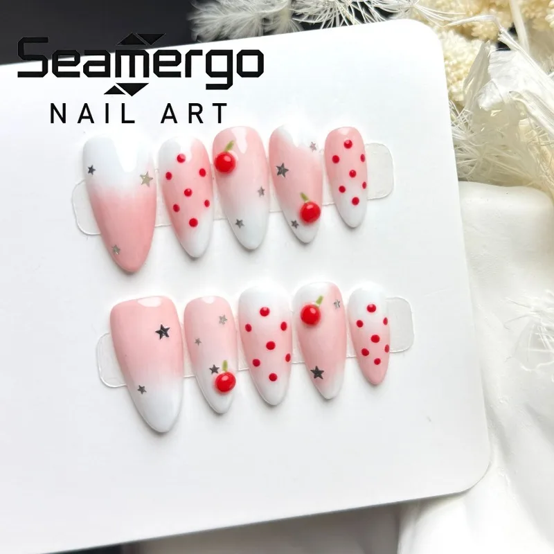 10PCS Sweet Pink Blush French Press on Nails Handmade Cute Cherry Designs Red Polka Dots Medium Almond False Nails Silver Stars
10PCS Sweet Pink Blush French Press on Nails Handmade Cute Cherry Designs Red Polka Dots Medium Almond False Nails Silver Stars