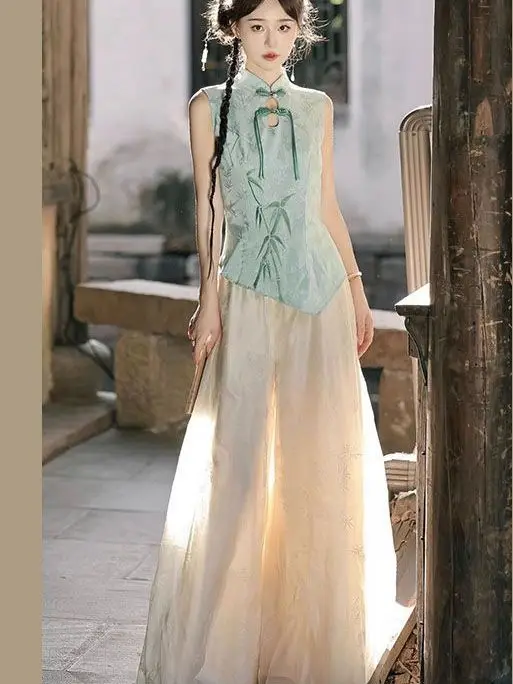 Fashionable High Waist Wide Leg Pants Floral Two Piece Set Traditional Chinese Style Gown Button Detailing Improved
Fashionable High Waist Wide Leg Pants Floral Two Piece Set Traditional Chinese Style Gown Button Detailing Improved