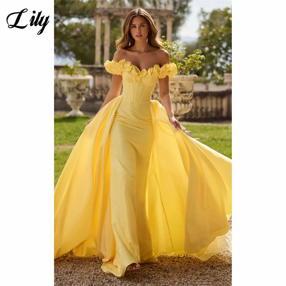 Lily Bright Yellow Evening Dress Off the shoulder Party Dresses with 3D Floral Prom Gown Satin Pleated robes du soir Customized
Lily Bright Yellow Evening Dress Off the shoulder Party Dresses with 3D Floral Prom Gown Satin Pleated robes du soir Customized