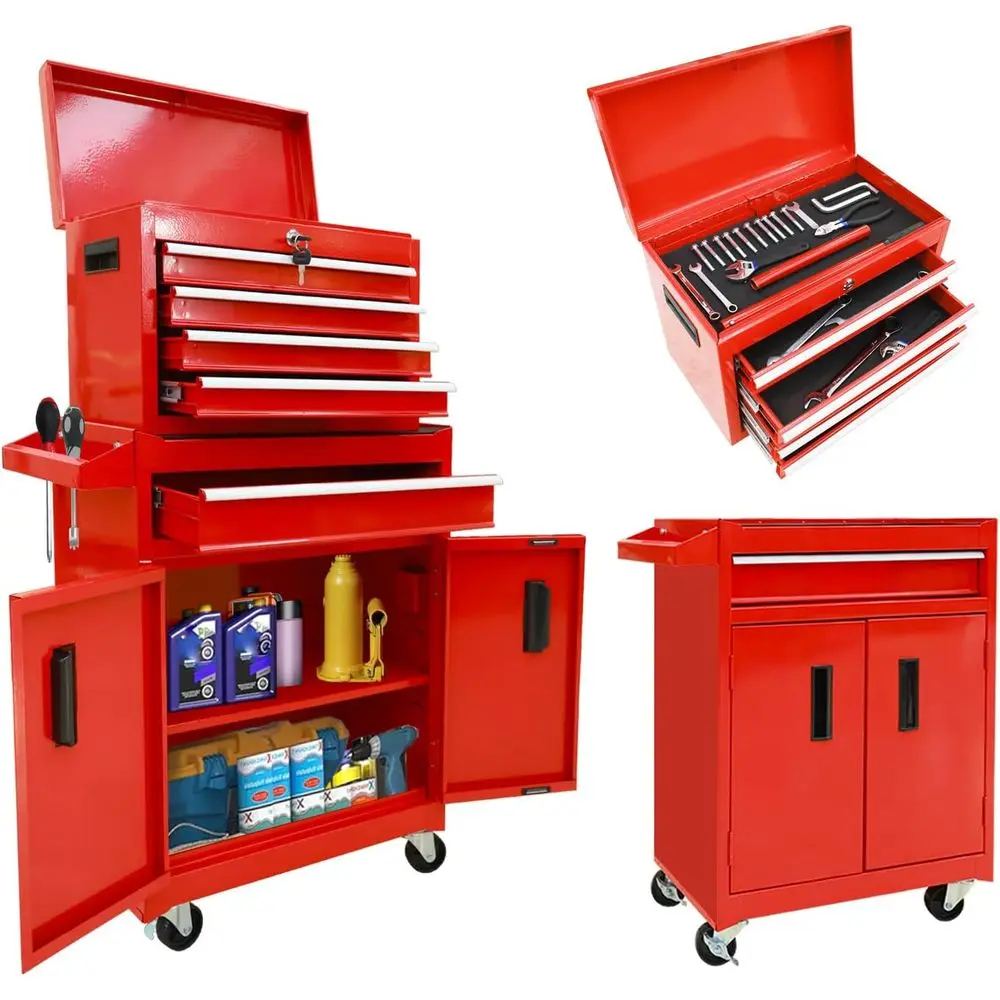 Red Metal Rolling Tool Chest with 5 Drawers, Removable Top, Adjustable Shelf, Liner, and Locking System for Garage Workshop
Red Metal Rolling Tool Chest with 5 Drawers, Removable Top, Adjustable Shelf, Liner, and Locking System for Garage Workshop