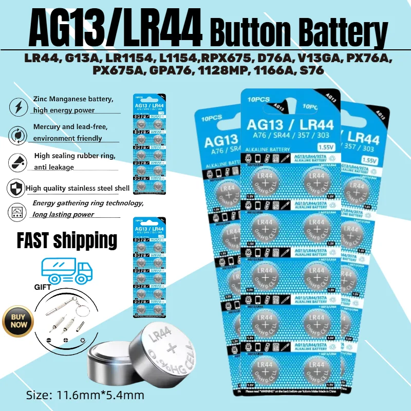 2-100PCS 1.55V LR44 AG13 Cell Coin Watches Battery L1154 357 SR44 RW82 Alkaline Button Batteries for toys Calculators LED light
2-100PCS 1.55V LR44 AG13 Cell Coin Watches Battery L1154 357 SR44 RW82 Alkaline Button Batteries for toys Calculators LED light