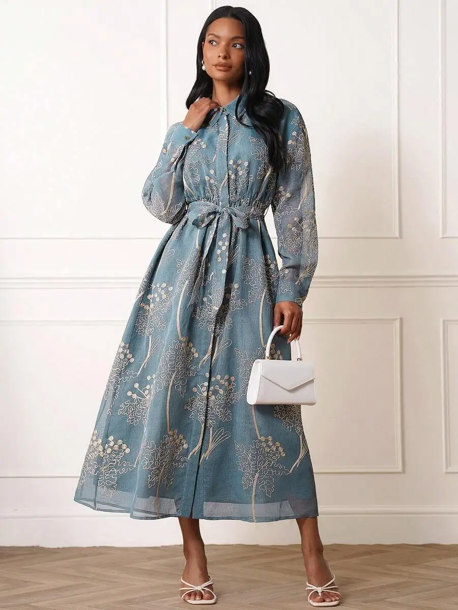 Elegant Embroidered Long Sleeve Shirt Dress Dusty Blue Floral Sheer Midi Dress For Women
Elegant Embroidered Long Sleeve Shirt Dress Dusty Blue Floral Sheer Midi Dress For Women
