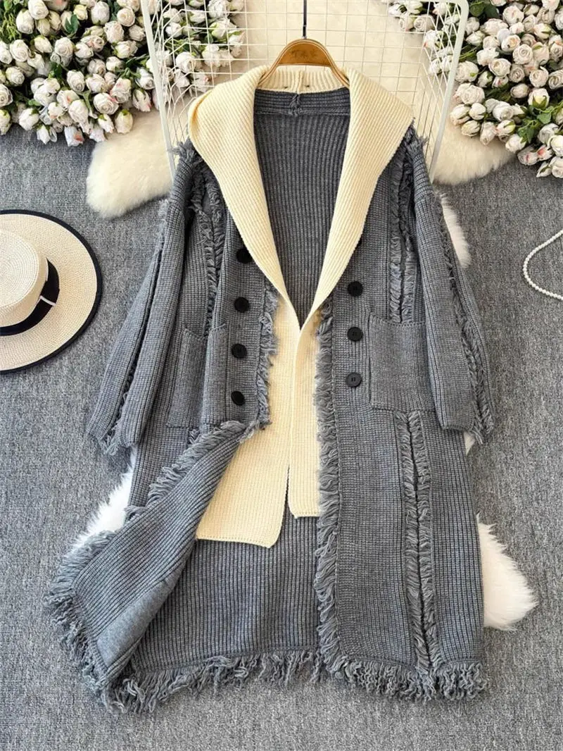 Autumn And Winter New Long Knitted Cardigan Women's Tassel Lazy Style Hooded Sweater Fake Two-Piece Jacket Thickened Coat A377
Autumn And Winter New Long Knitted Cardigan Women's Tassel Lazy Style Hooded Sweater Fake Two-Piece Jacket Thickened Coat A377