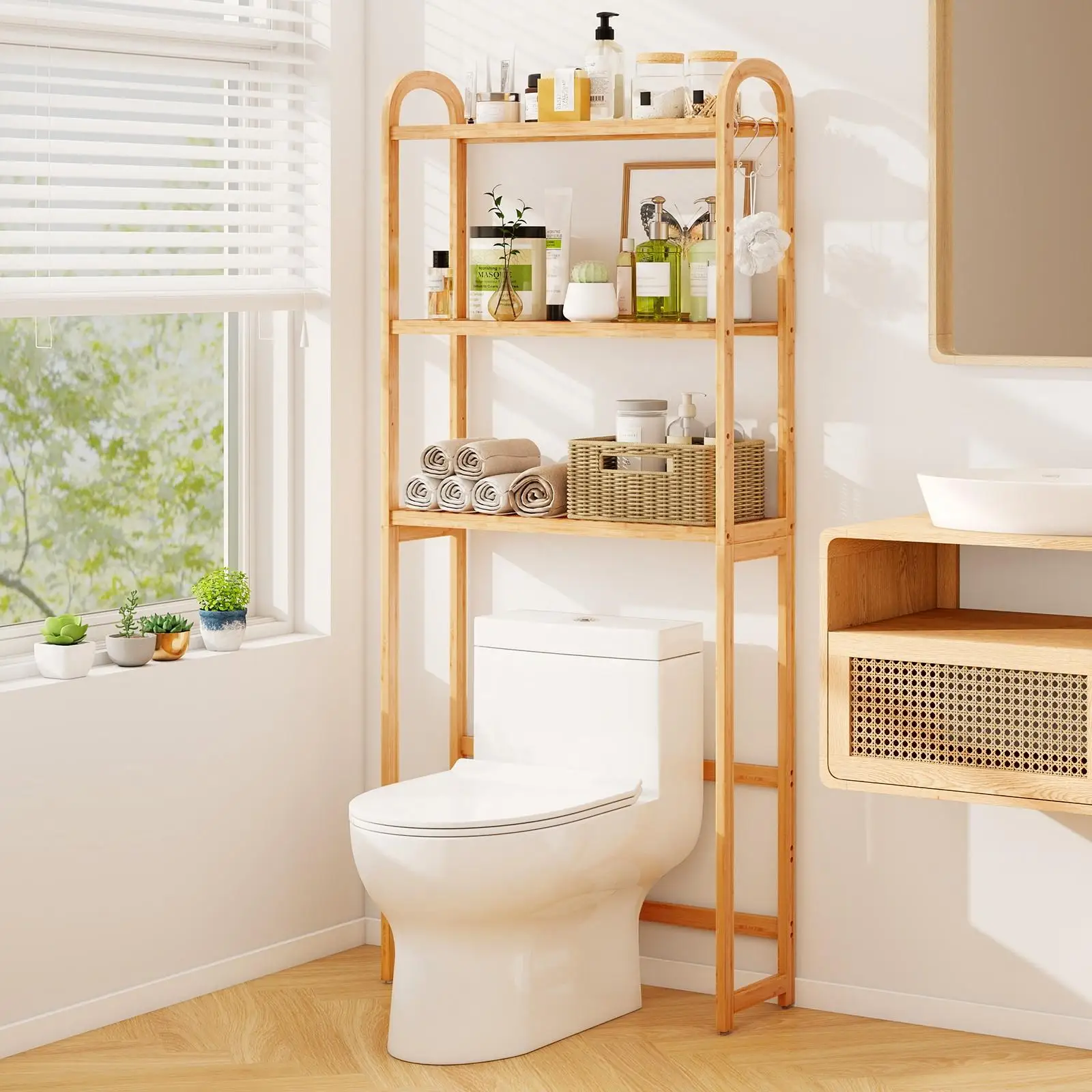 Natural Bamboo Over the Toilet Storage Shelf - Heavy-Duty 132 lbs Capacity, 3-Tier Adjustable Shelves with 5 Height Settings
Natural Bamboo Over the Toilet Storage Shelf - Heavy-Duty 132 lbs Capacity, 3-Tier Adjustable Shelves with 5 Height Settings