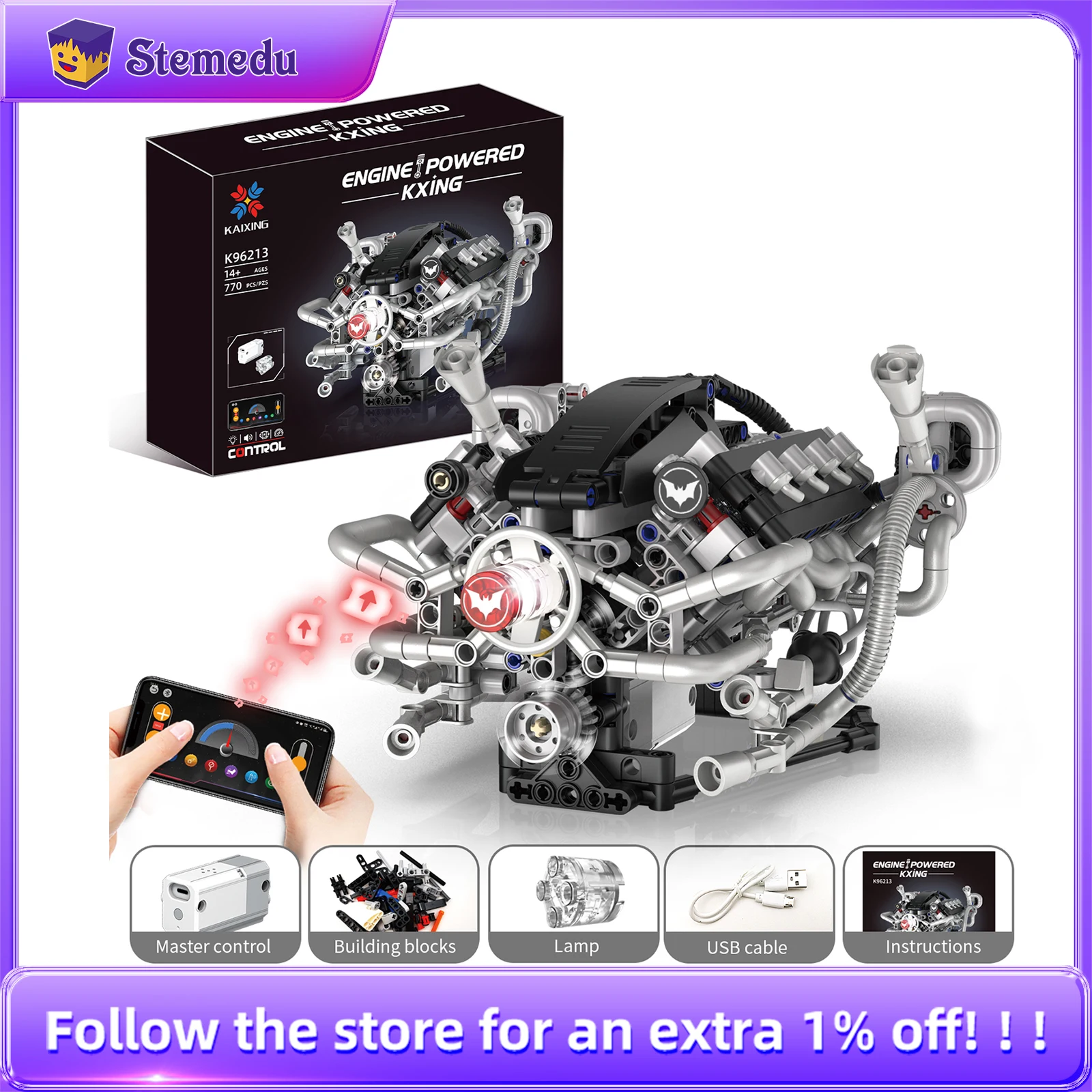 K96213 770pcs V8 Engine Model Bricks MOC Kit Programmable Car Building Blocks with LED Lights & APP Control STEM Educational Toy
K96213 770pcs V8 Engine Model Bricks MOC Kit Programmable Car Building Blocks with LED Lights & APP Control STEM Educational Toy