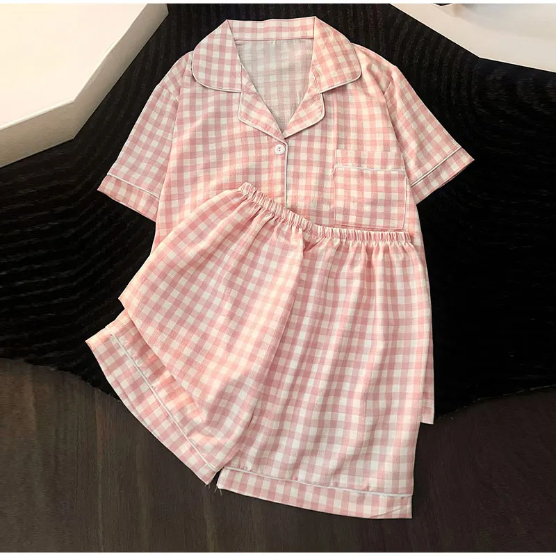 Summer New Korean Pajamas Set for Women Bubble Cotton Short-Sleeve Shorts Plaid Simple Loose Cute Home Wear Breathable Sleepwear
Summer New Korean Pajamas Set for Women Bubble Cotton Short-Sleeve Shorts Plaid Simple Loose Cute Home Wear Breathable Sleepwear