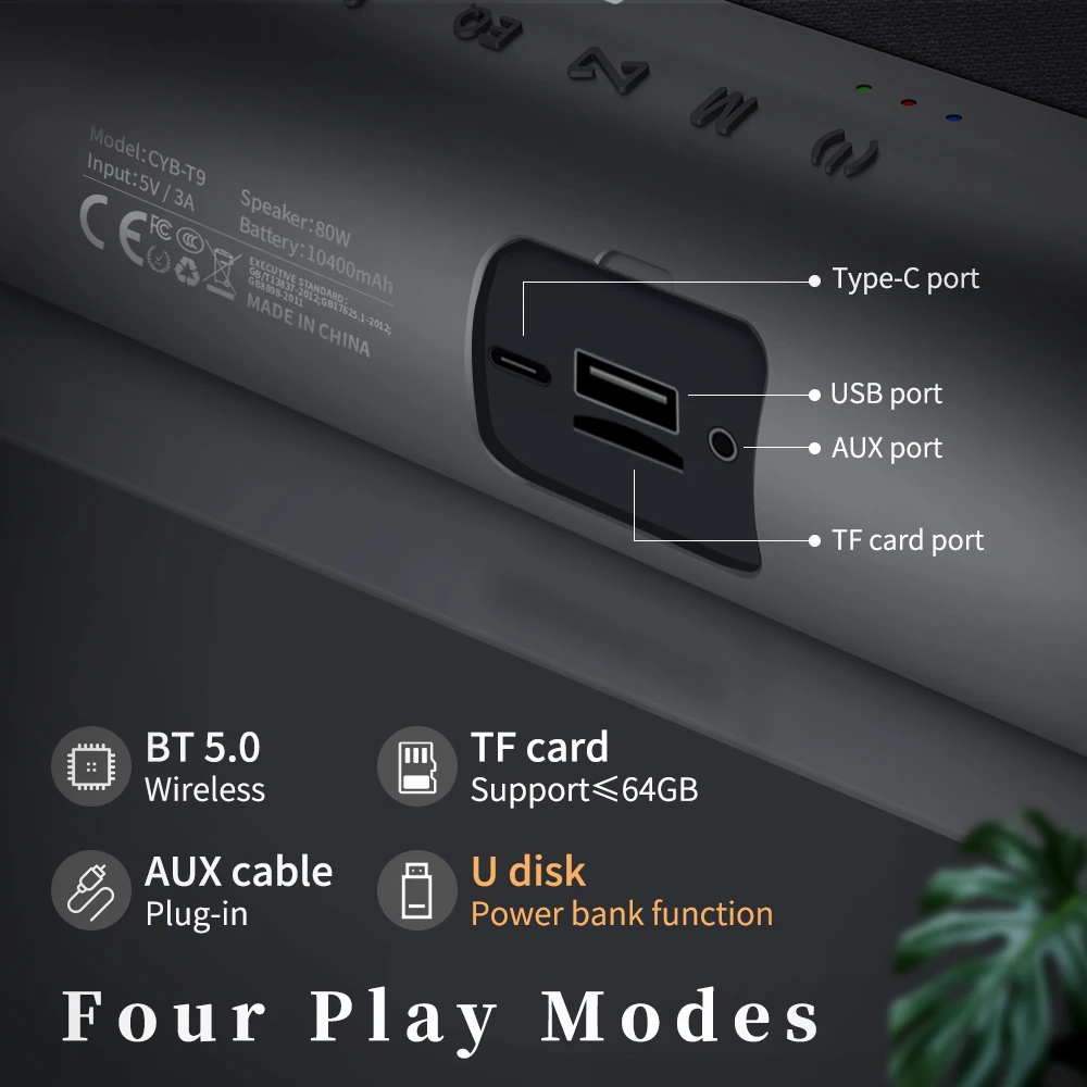 Portable 80W Output Subwoofer Deep Bass Wireless Speaker With Power Bank Function, TF Card, AUX, TWS, T9
Portable 80W Output Subwoofer Deep Bass Wireless Speaker With Power Bank Function, TF Card, AUX, TWS, T9