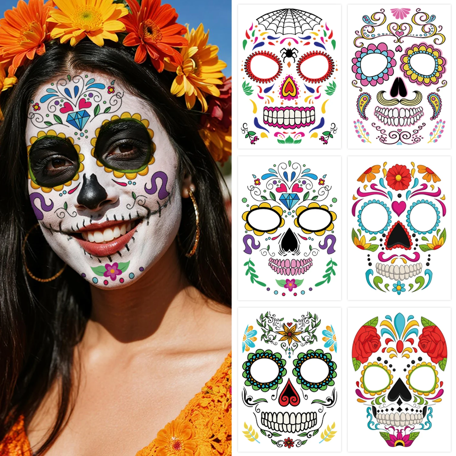 Day of the Dead Face Tattoos and Skeleton-Painted Day of the Dead Decorations, suitable as accessories and party favors.
Day of the Dead Face Tattoos and Skeleton-Painted Day of the Dead Decorations, suitable as accessories and party favors.