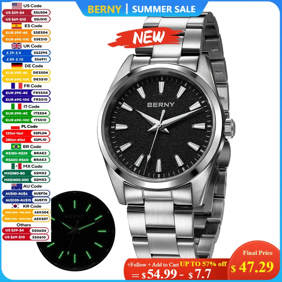 BERNY Watches for Men Fashion Casual Luminous AR Sapphire Quartz Men's Watch 10ATM Stainless Steel Dress Business Wristwatch
BERNY Watches for Men Fashion Casual Luminous AR Sapphire Quartz Men's Watch 10ATM Stainless Steel Dress Business Wristwatch