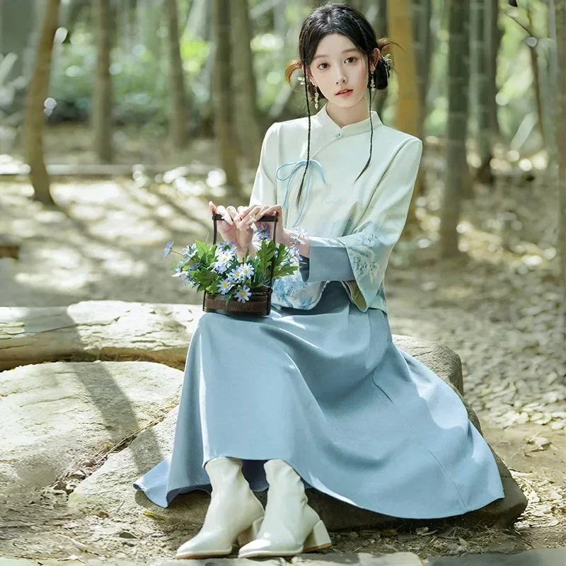 Chinese Traditional Girl Dress Blue Stand Up Collar Long Sleeved Mountain Peak Print Top Skirt Hanfu Student School Clothing
Chinese Traditional Girl Dress Blue Stand Up Collar Long Sleeved Mountain Peak Print Top Skirt Hanfu Student School Clothing