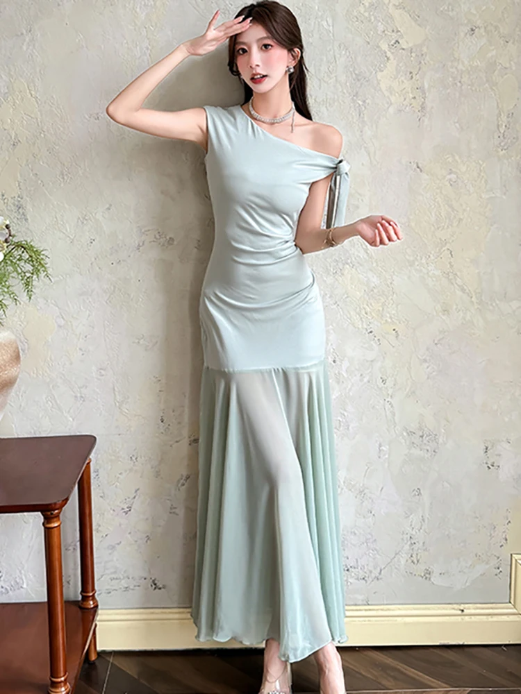 Summer Green Patchwork Mesh Casual Long Dress Women Elegant Chic Diagonal Collar Sexy Dress 2025 Korean Bodycon Holiday Dresses
Summer Green Patchwork Mesh Casual Long Dress Women Elegant Chic Diagonal Collar Sexy Dress 2025 Korean Bodycon Holiday Dresses