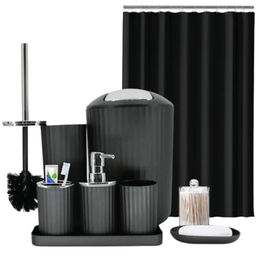 Black Bathroom Accessories Set, 9-Piece Bathroom Accessory Sets Complete with Trash Can, Shower Curtain, Vanity Tray, Soap Disp
Black Bathroom Accessories Set, 9-Piece Bathroom Accessory Sets Complete with Trash Can, Shower Curtain, Vanity Tray, Soap Disp