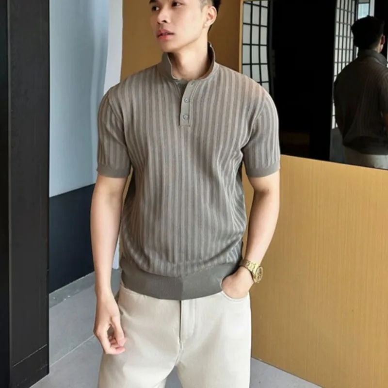 Summer Striped Knitted Polo Shirt Men Ice Silk Breathable Casual Business T-shirt British Style Social Office Versatile POLO Tee
Summer Striped Knitted Polo Shirt Men Ice Silk Breathable Casual Business T-shirt British Style Social Office Versatile POLO Tee