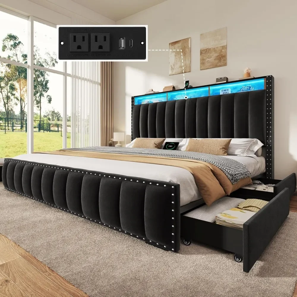 Bed Frame with 4 Storage Drawers and RGB LED Lights, Velvet Upholstered Platform Bed with Charging Station and Bookcase Storage
Bed Frame with 4 Storage Drawers and RGB LED Lights, Velvet Upholstered Platform Bed with Charging Station and Bookcase Storage