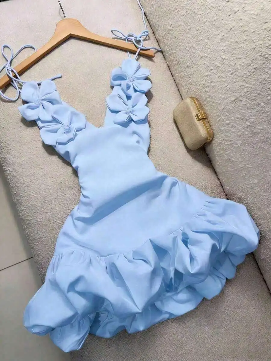Sky Blue Mini Dress With 3D Floral Straps Puff Sleeve Cocktail Party Dress
Sky Blue Mini Dress With 3D Floral Straps Puff Sleeve Cocktail Party Dress