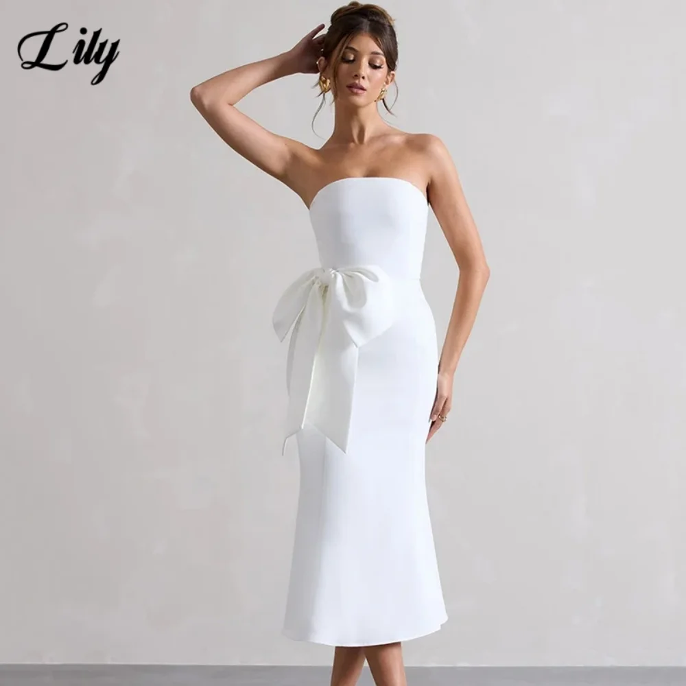 Lily White Elegant Prom Gown Strapless Back Zipper Prom Dress Satin 3D-Bow Knee-Length Skirt Wedding Evening Dresses Customized
Lily White Elegant Prom Gown Strapless Back Zipper Prom Dress Satin 3D-Bow Knee-Length Skirt Wedding Evening Dresses Customized
