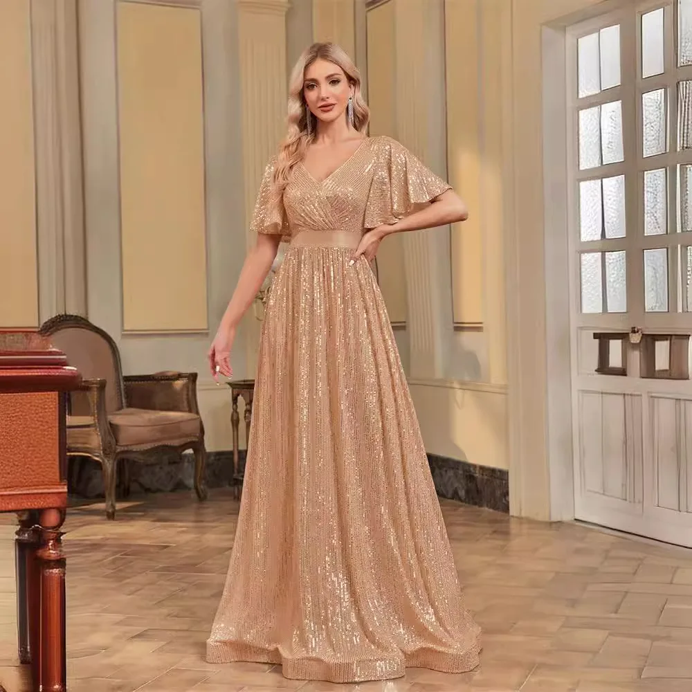 V Neck Sheer Fly Sleeve Linear Glitter Sequin Satin A Line Dress Champagne Gold Floor Train Bridesmaid Gala Cocktail Gown
V Neck Sheer Fly Sleeve Linear Glitter Sequin Satin A Line Dress Champagne Gold Floor Train Bridesmaid Gala Cocktail Gown