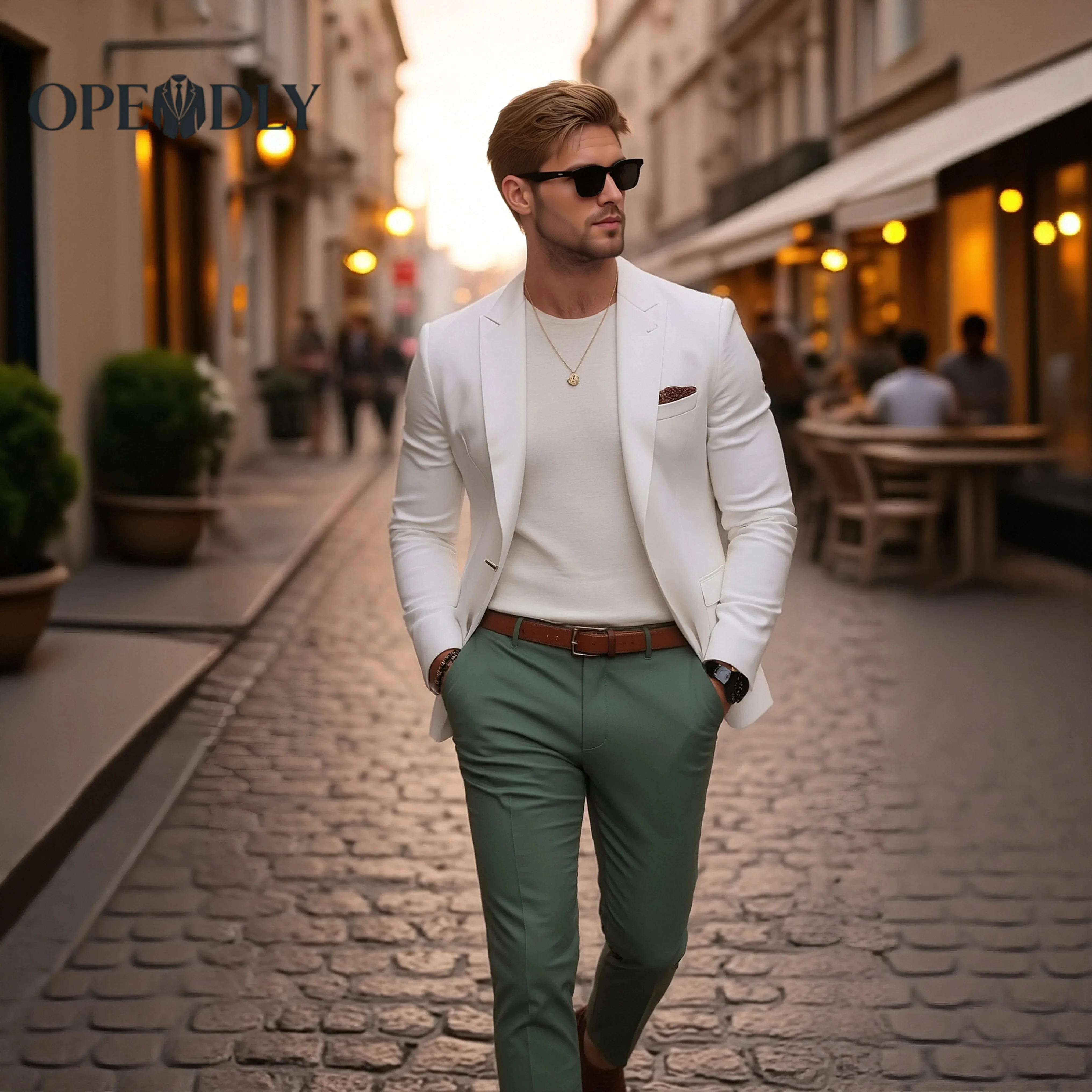 Men Summer Slim Fit Casual Blazer White Jacket T-Shirt Green Pants Street Style Modern Business Outfit Elegant Stylish Trendy Sp
Men Summer Slim Fit Casual Blazer White Jacket T-Shirt Green Pants Street Style Modern Business Outfit Elegant Stylish Trendy Sp