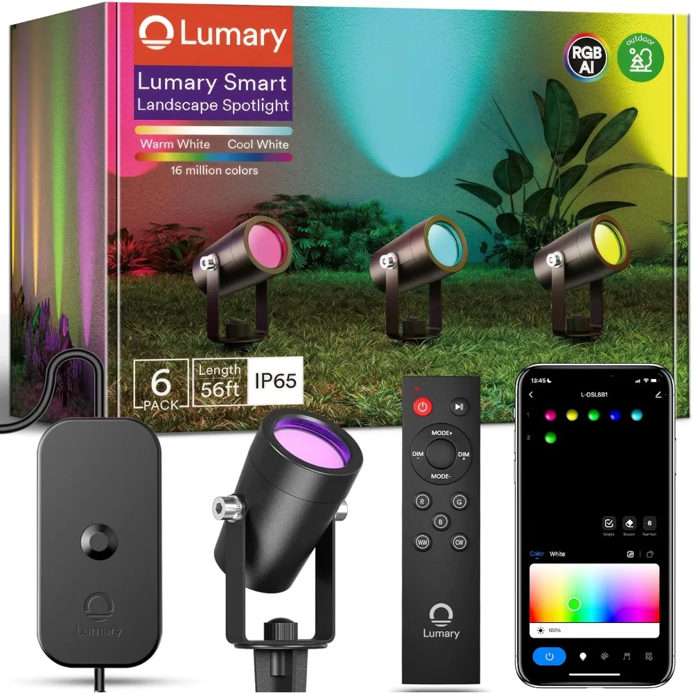 56FT Smart Outdoor Spot Lights Gen2, 6 Pack RGBAIWW Color Changing Landscape Lights Work with Alexa & Google Assistant
56FT Smart Outdoor Spot Lights Gen2, 6 Pack RGBAIWW Color Changing Landscape Lights Work with Alexa & Google Assistant