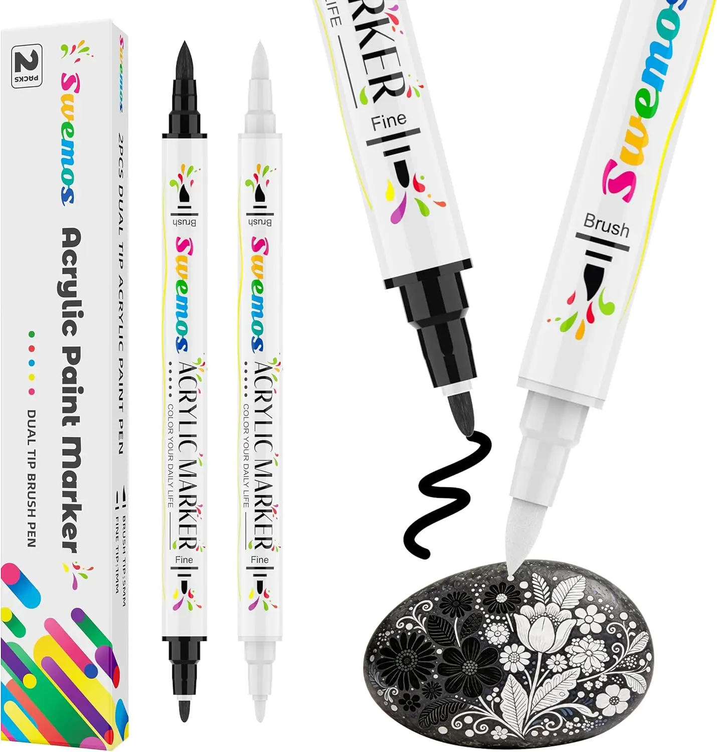 Dual Tip Acrylic Paint Markers, Fine & Brush Tip, Waterproof, for Rock, Canvas, Glass, Wood, Metal (Black+White, 2-Pack)
Dual Tip Acrylic Paint Markers, Fine & Brush Tip, Waterproof, for Rock, Canvas, Glass, Wood, Metal (Black+White, 2-Pack)