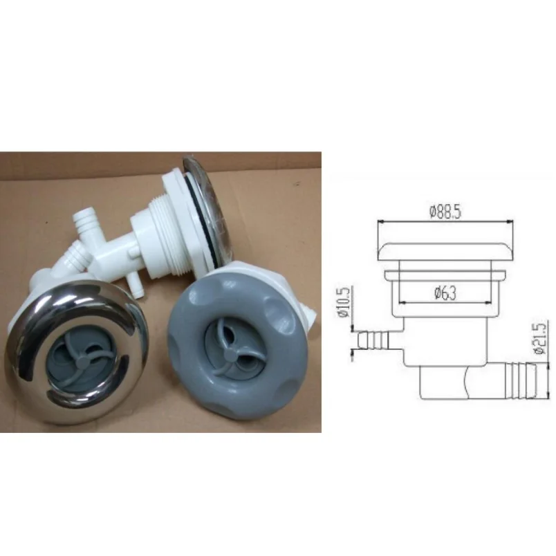 Spa & pool 3.5 "inch spa jets PLASTIC or SS with double hole rotary nozzle 88.5mm diameter surface 63mm hole
Spa & pool 3.5 "inch spa jets PLASTIC or SS with double hole rotary nozzle 88.5mm diameter surface 63mm hole