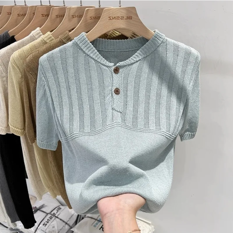 Summer Loose Casual Solid Knitting Top Women Short Sleeve Fashion All-match Pullover Tee Ladies Vintage All-match T-shirt Q04
Summer Loose Casual Solid Knitting Top Women Short Sleeve Fashion All-match Pullover Tee Ladies Vintage All-match T-shirt Q04