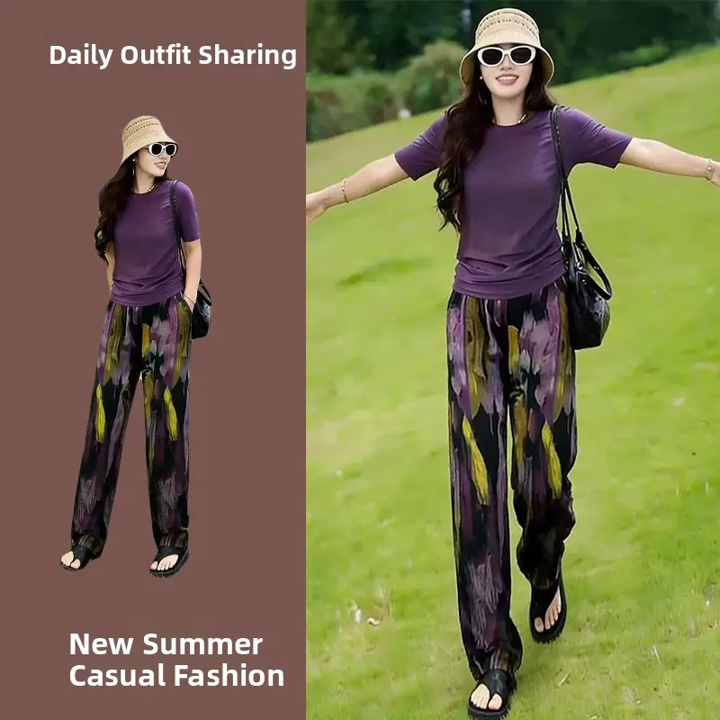 Elegant Fashion Set Women's Slim Fit High Waist Wide Leg Pants Two Piece Suit Shirt Short Sleeve round Neck Summer Spring
Elegant Fashion Set Women's Slim Fit High Waist Wide Leg Pants Two Piece Suit Shirt Short Sleeve round Neck Summer Spring