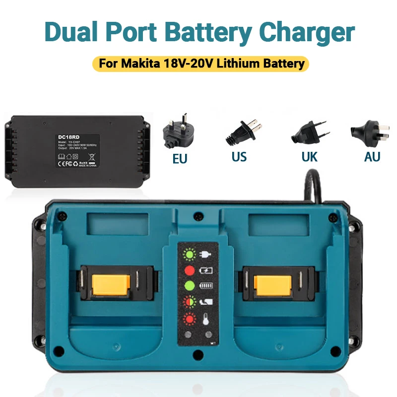 Portable Dual Ports Charger For Makita 18V-20V Lithium Battery Rechargeable BL1815 BL1820 BL1830 BL1850 Fast Charger
Portable Dual Ports Charger For Makita 18V-20V Lithium Battery Rechargeable BL1815 BL1820 BL1830 BL1850 Fast Charger