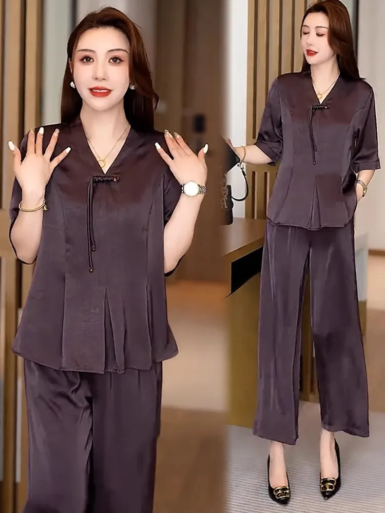 Fashionable Mommy Summer Outfit Set Women's V-Neck Short Sleeve Wide Leg Pants Two-Piece Suit Polyester Fiber Long Pants
Fashionable Mommy Summer Outfit Set Women's V-Neck Short Sleeve Wide Leg Pants Two-Piece Suit Polyester Fiber Long Pants