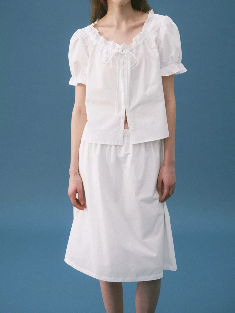 Cute Drawstring round Neck Shirt Top Elastic Waist Skirt Set Smooth Breathable Cotton Bubble Sleeve Short Sleeve Summer Outfit
Cute Drawstring round Neck Shirt Top Elastic Waist Skirt Set Smooth Breathable Cotton Bubble Sleeve Short Sleeve Summer Outfit