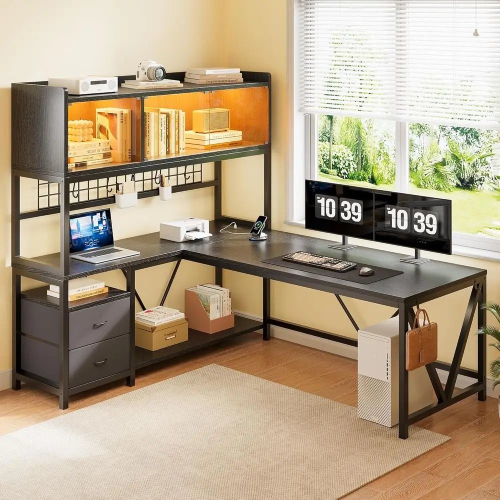 L-Shaped Desk with 2 Drawers, LED Glass Shelves, Storage for Gaming and Home Office
L-Shaped Desk with 2 Drawers, LED Glass Shelves, Storage for Gaming and Home Office
