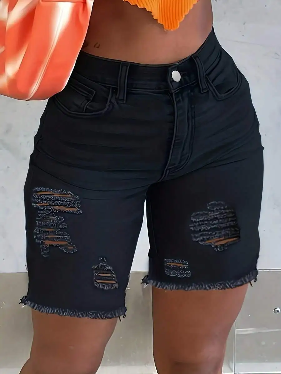 Black Ripped Denim Shorts High Waist Casual Womens Shorts With Frayed Hem
Black Ripped Denim Shorts High Waist Casual Womens Shorts With Frayed Hem