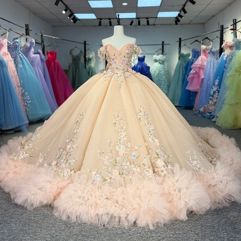 Champagne Shiny Quinceanera Dresses Off The Shoulder Sequin Applique Lace Beading Tiered Tull Corset Party Birthday Sweet 16
Champagne Shiny Quinceanera Dresses Off The Shoulder Sequin Applique Lace Beading Tiered Tull Corset Party Birthday Sweet 16